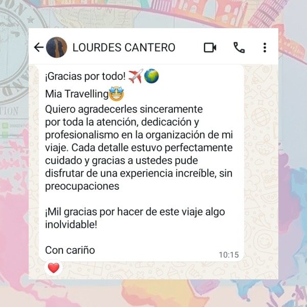 Mensaje de agradecimiento de pasajero de Mia Travelling